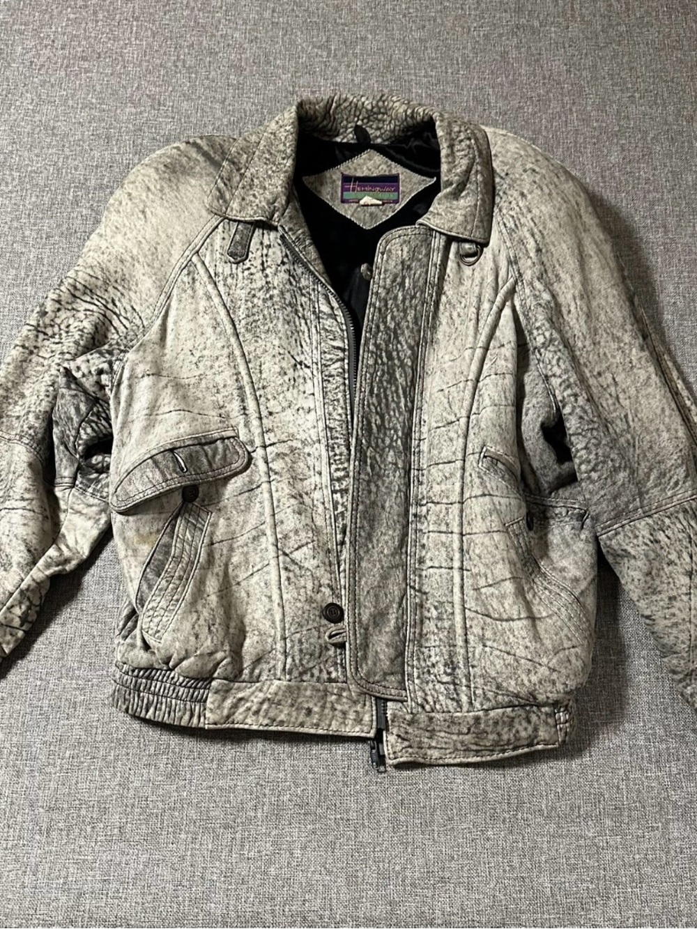 Vintage Hemingway Collection Leather Bomber Jacket Gray Acid Wash Canada Size 40